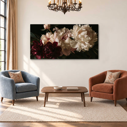 Full ivory and deep burgundy peonies against a dark green background single canvas wall art styled in an interior