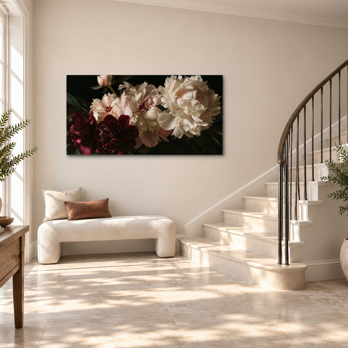 Full ivory and deep burgundy peonies against a dark green background single canvas wall art styled in an interior