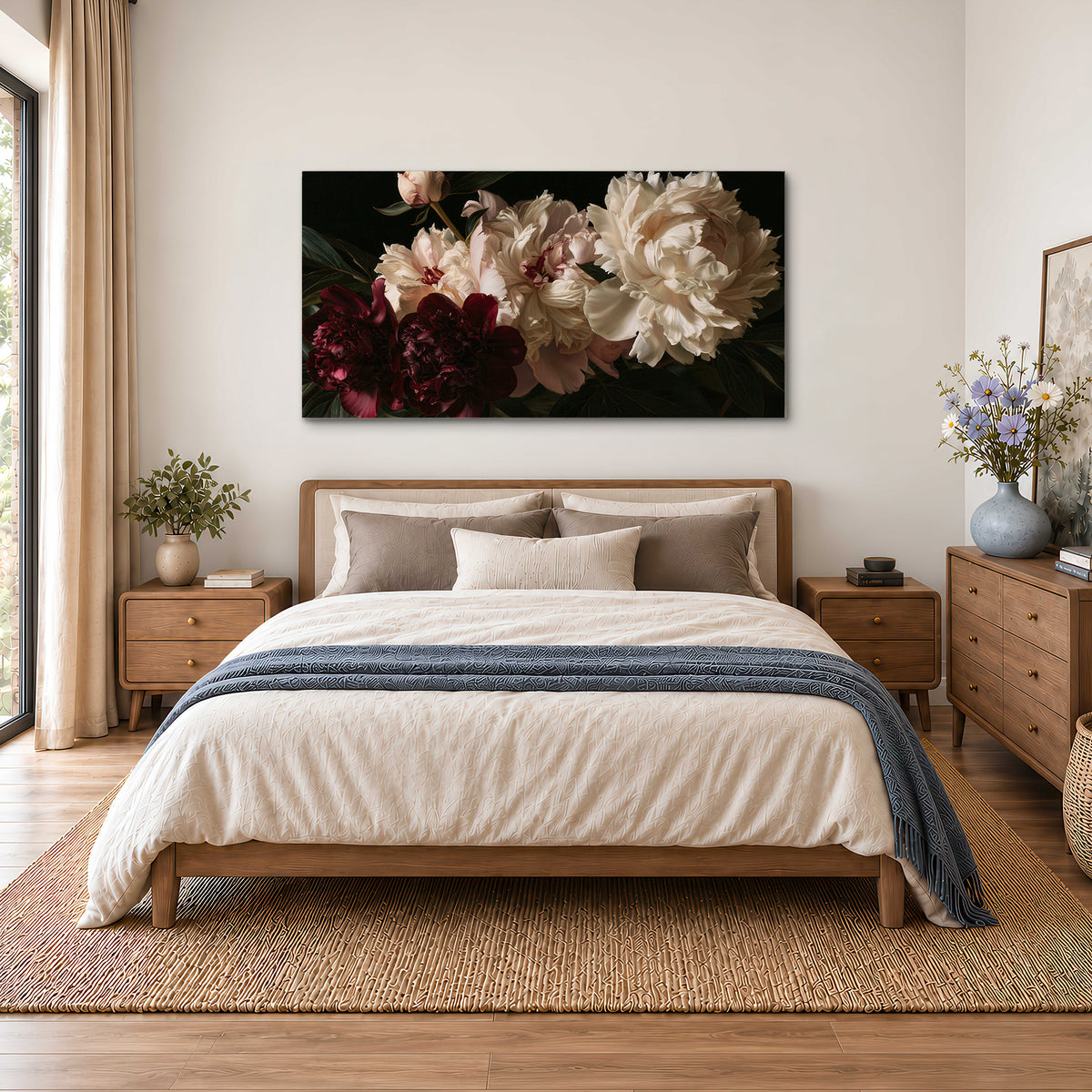 Full ivory and deep burgundy peonies against a dark green background single canvas wall art styled in an interior