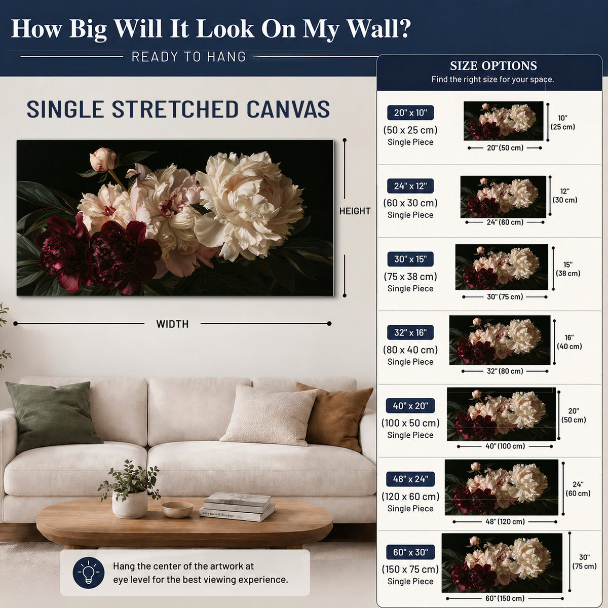Full ivory and deep burgundy peonies against a dark green background single canvas wall art size guide above a sofa; room view is illustrative