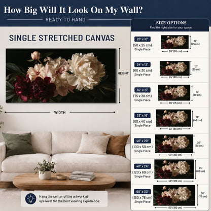 Full ivory and deep burgundy peonies against a dark green background single canvas wall art size guide above a sofa; room view is illustrative