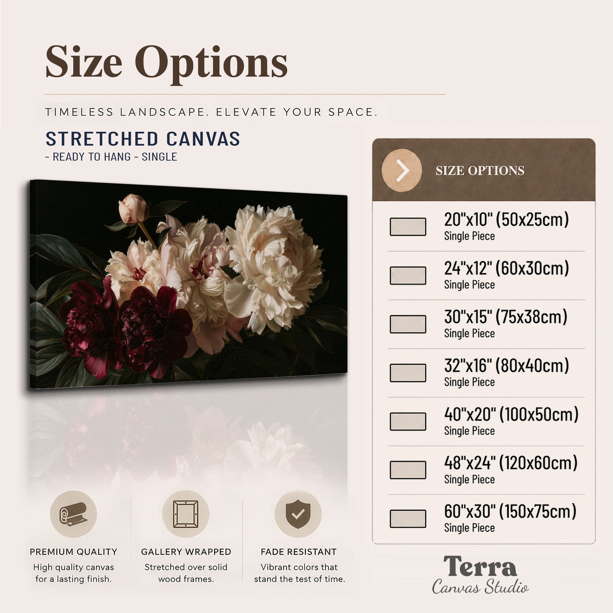 Full ivory and deep burgundy peonies against a dark green background single canvas wall art available dimensions