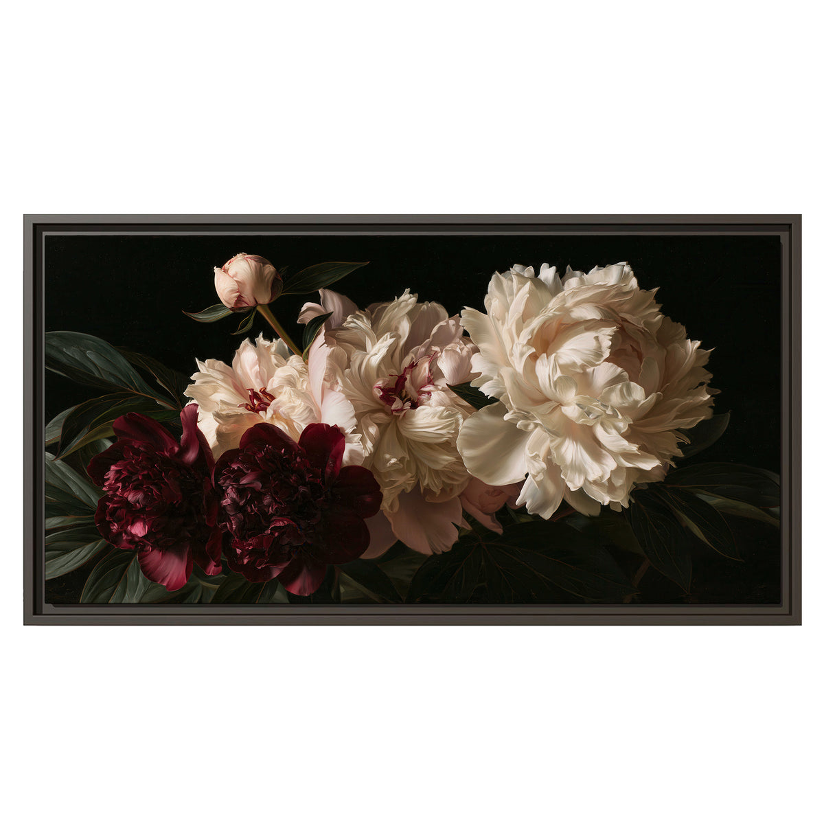 Full ivory and deep burgundy peonies against a dark green background single framed canvas wall art viewed straight on