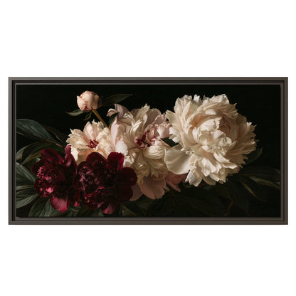Full ivory and deep burgundy peonies against a dark green background single framed canvas wall art viewed straight on