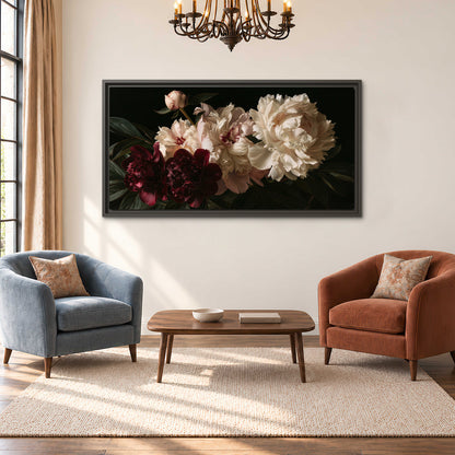 Full ivory and deep burgundy peonies against a dark green background single framed canvas wall art styled in an interior