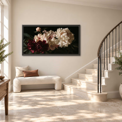 Full ivory and deep burgundy peonies against a dark green background single framed canvas wall art styled in an interior