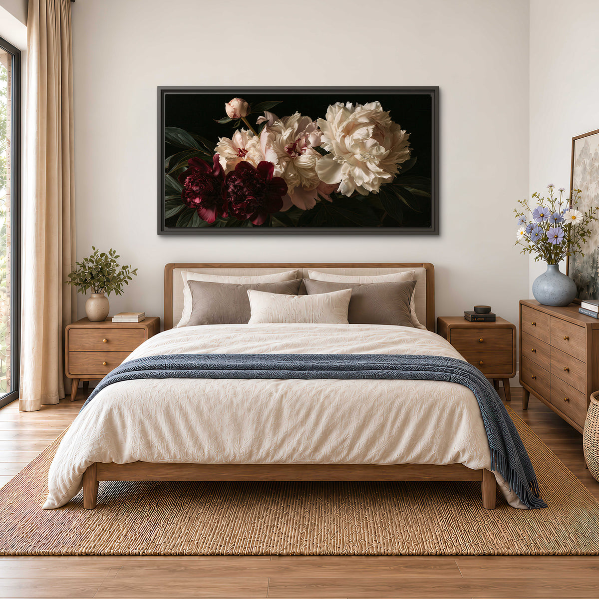 Full ivory and deep burgundy peonies against a dark green background single framed canvas wall art styled in an interior