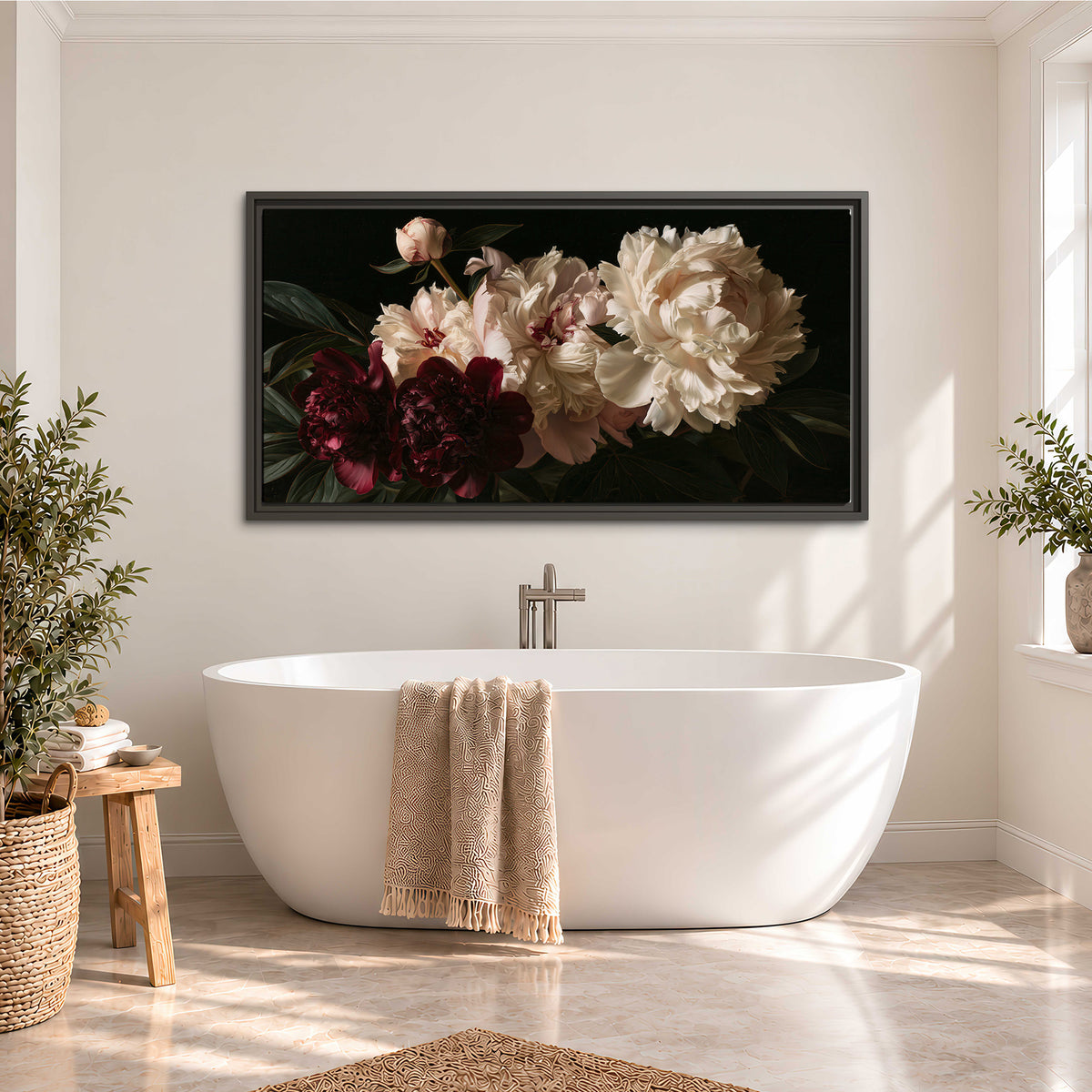 Full ivory and deep burgundy peonies against a dark green background single framed canvas wall art styled in an interior