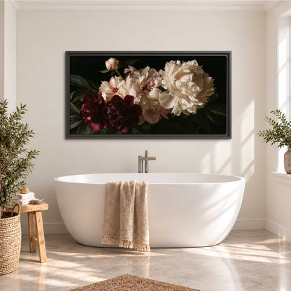 Full ivory and deep burgundy peonies against a dark green background single framed canvas wall art styled in an interior