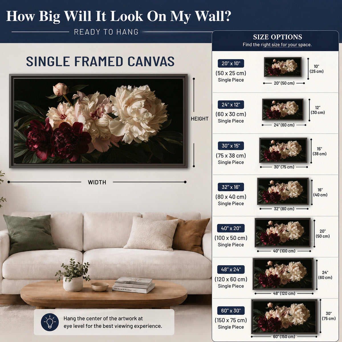 Full ivory and deep burgundy peonies against a dark green background single framed canvas wall art size guide above a sofa; room view is illustrative