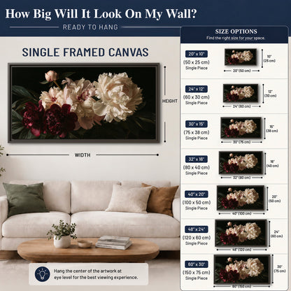Full ivory and deep burgundy peonies against a dark green background single framed canvas wall art size guide above a sofa; room view is illustrative