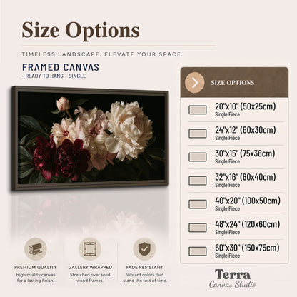 Full ivory and deep burgundy peonies against a dark green background single framed canvas wall art available dimensions