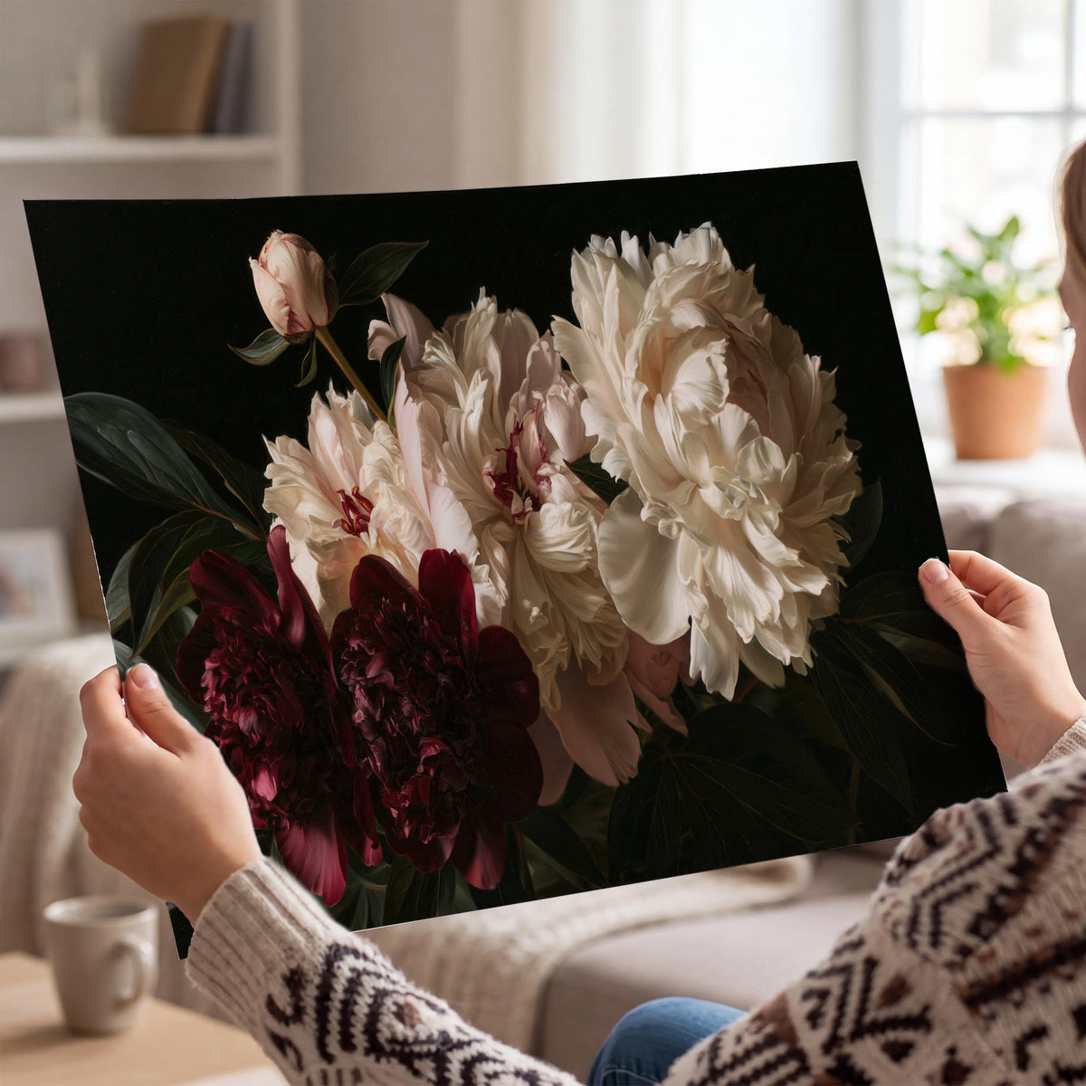 Full ivory and deep burgundy peonies against a dark green background single poster print held in hands