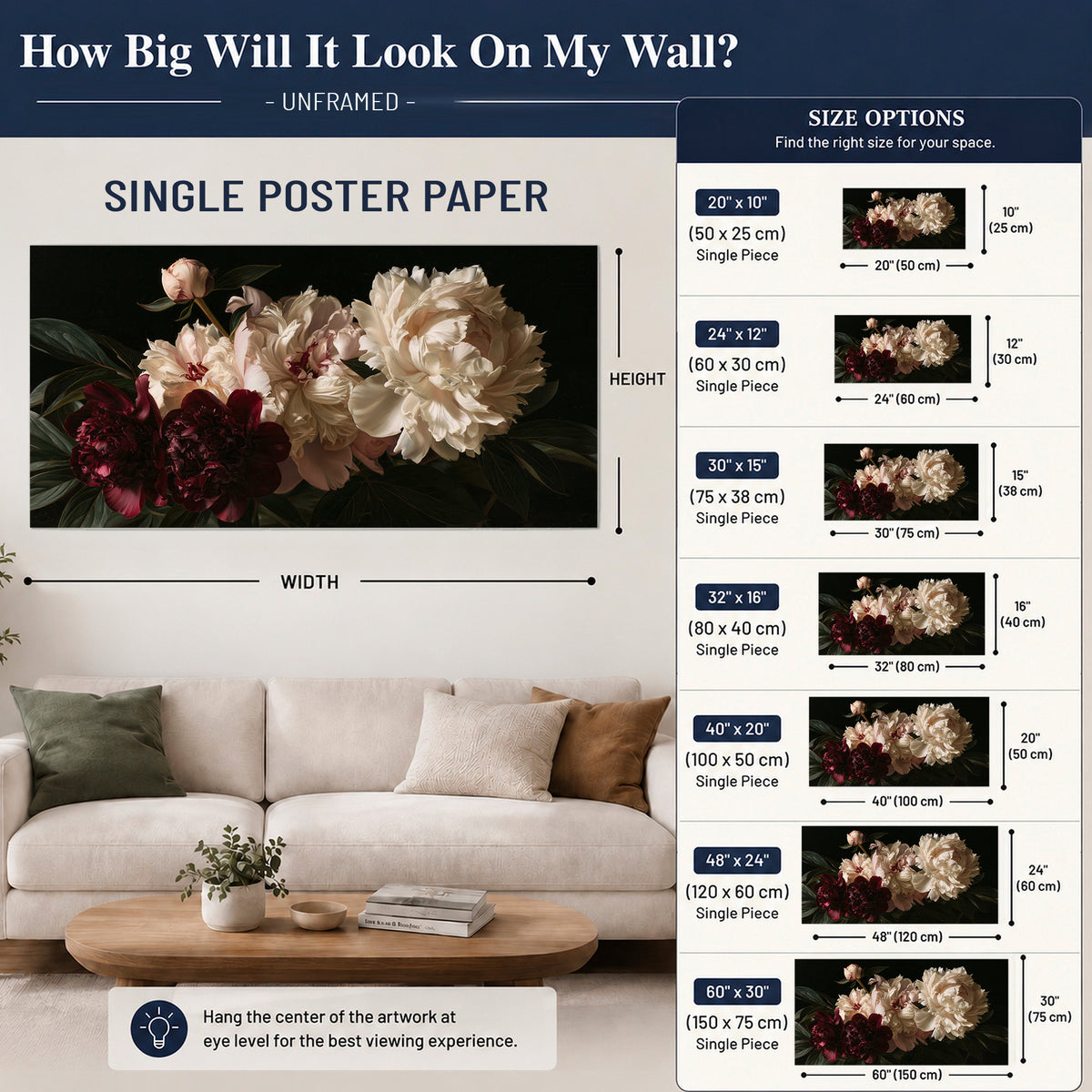 Full ivory and deep burgundy peonies against a dark green background single poster print size guide above a sofa; room view is illustrative