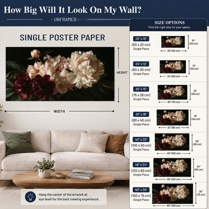 Full ivory and deep burgundy peonies against a dark green background single poster print size guide above a sofa; room view is illustrative