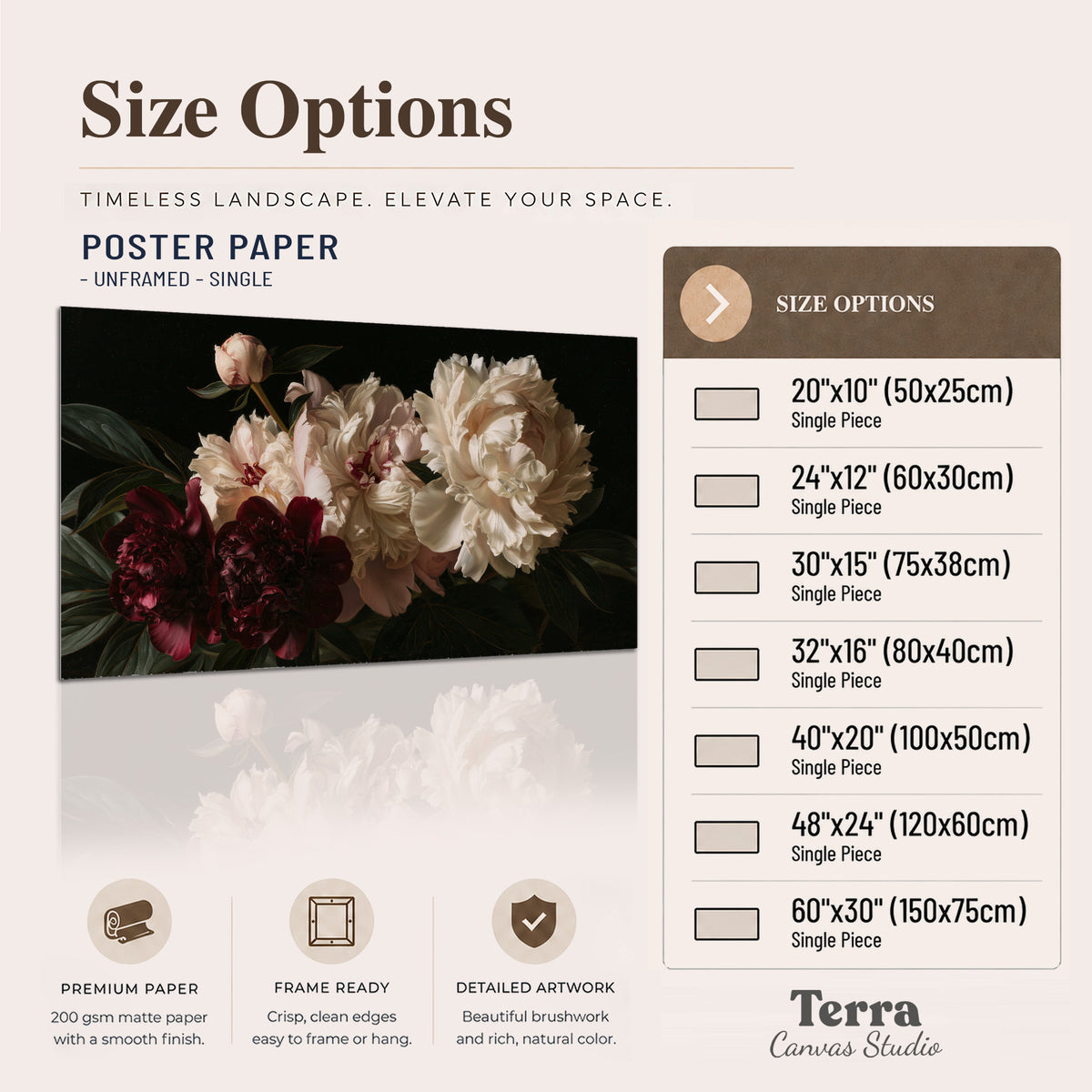 Full ivory and deep burgundy peonies against a dark green background single poster print available dimensions