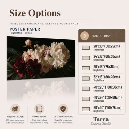 Full ivory and deep burgundy peonies against a dark green background single poster print available dimensions