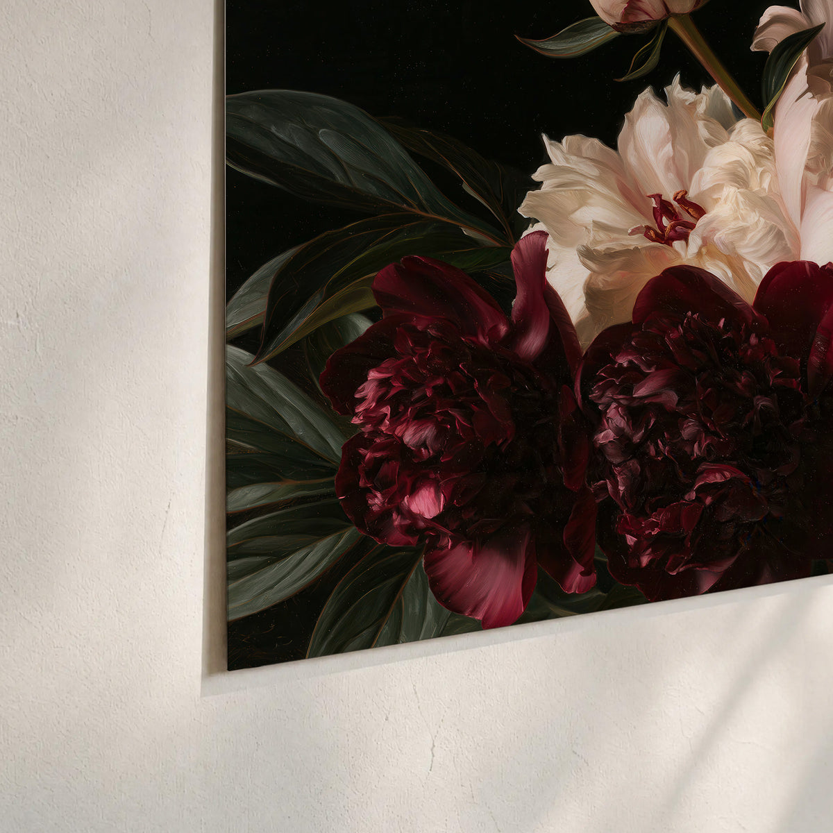 Full ivory and deep burgundy peonies against a dark green background set of 3 poster prints material and edge close up