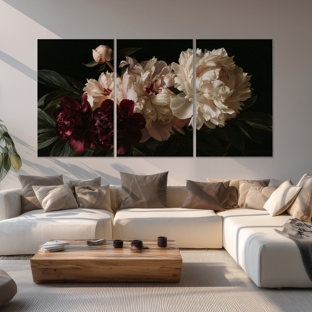 Full ivory and deep burgundy peonies against a dark green background set of 3 poster prints displayed in a living room