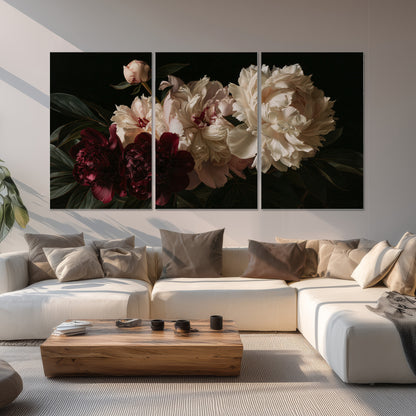 Full ivory and deep burgundy peonies against a dark green background set of 3 poster prints displayed in a living room