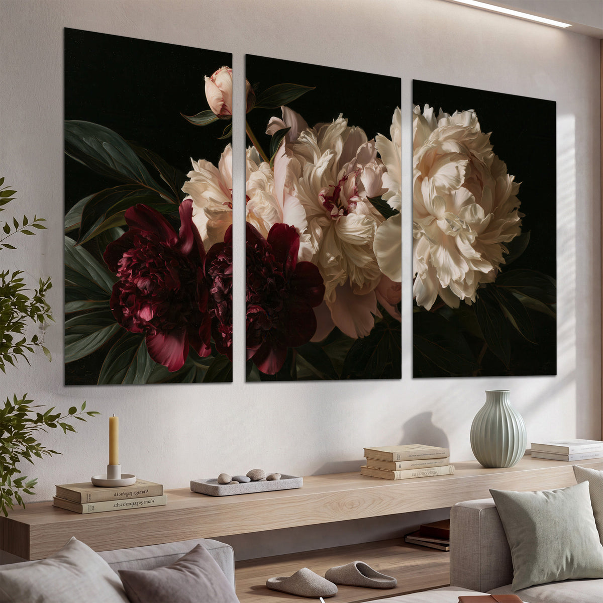 Full ivory and deep burgundy peonies against a dark green background set of 3 poster prints displayed in a console
