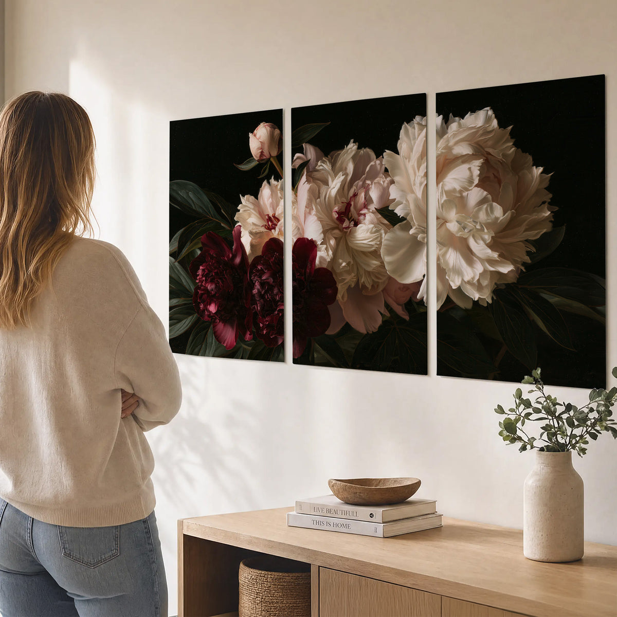 Full ivory and deep burgundy peonies against a dark green background set of 3 poster prints three panel arrangement on a wall
