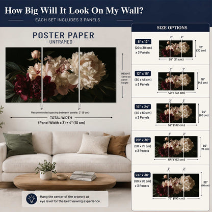 Full ivory and deep burgundy peonies against a dark green background set of 3 poster prints size guide above a sofa; room view is illustrative