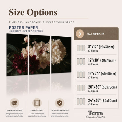 Full ivory and deep burgundy peonies against a dark green background set of 3 poster prints available dimensions; triptych dimensions are per panel