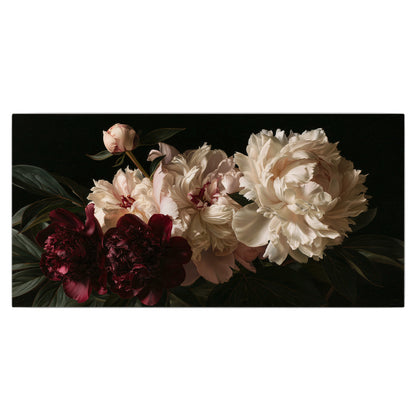 Full ivory and deep burgundy peonies against a dark green background single canvas wall art viewed straight on