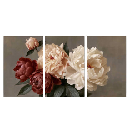 Large blush peonies and rust-colored flowers in a softly shaded arrangement 3 piece canvas wall art viewed straight on