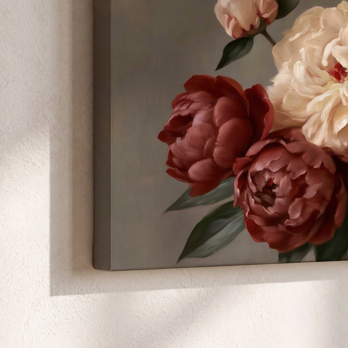 Large blush peonies and rust-colored flowers in a softly shaded arrangement 3 piece canvas wall art material and edge close up
