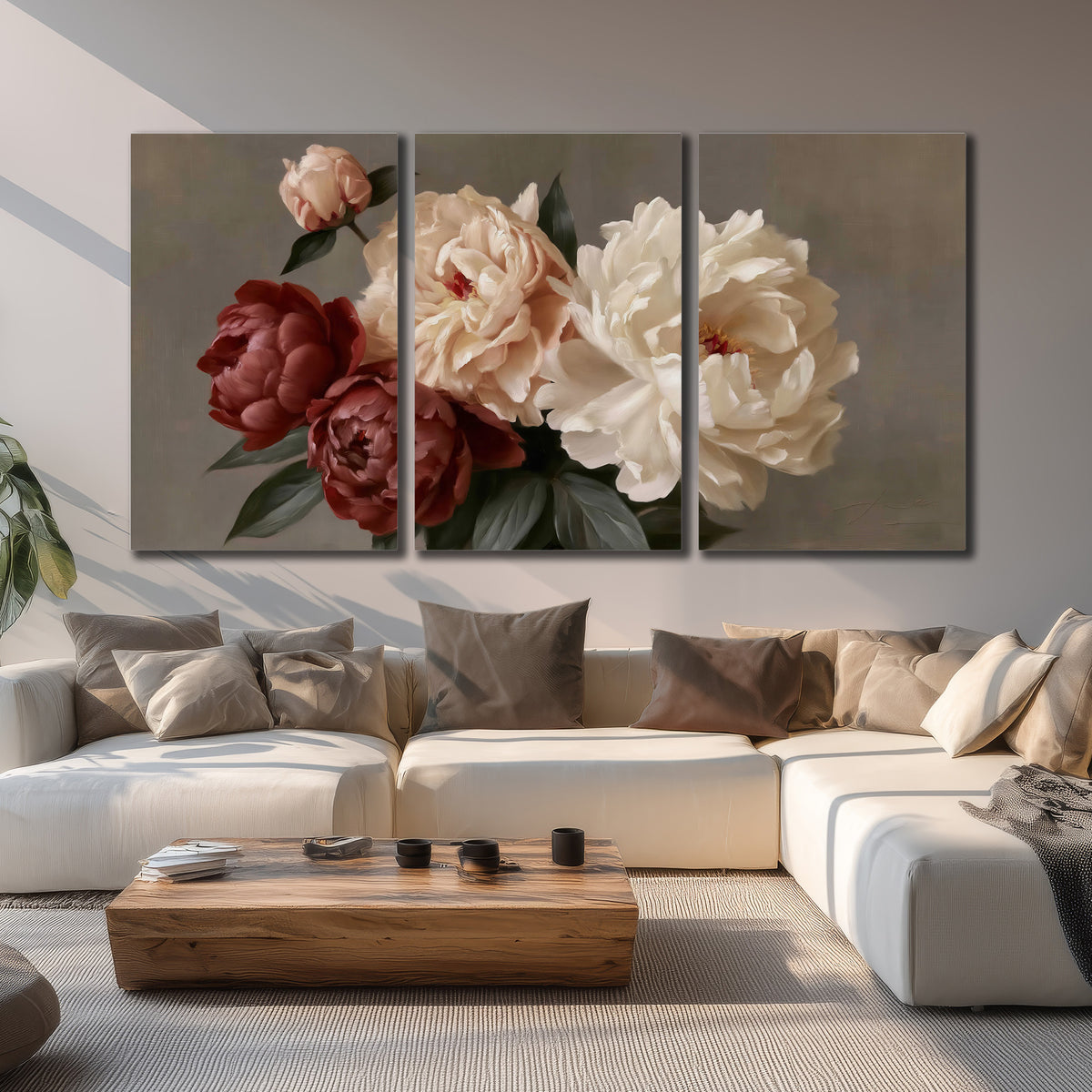 Large blush peonies and rust-colored flowers in a softly shaded arrangement 3 piece canvas wall art displayed in a living room