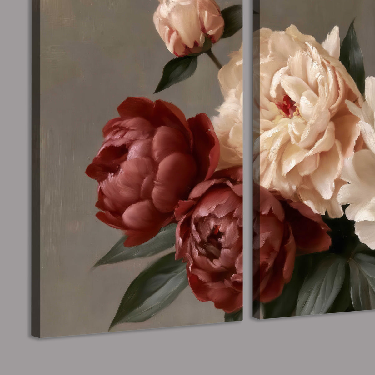 Large blush peonies and rust-colored flowers in a softly shaded arrangement 3 piece canvas wall art room and product view