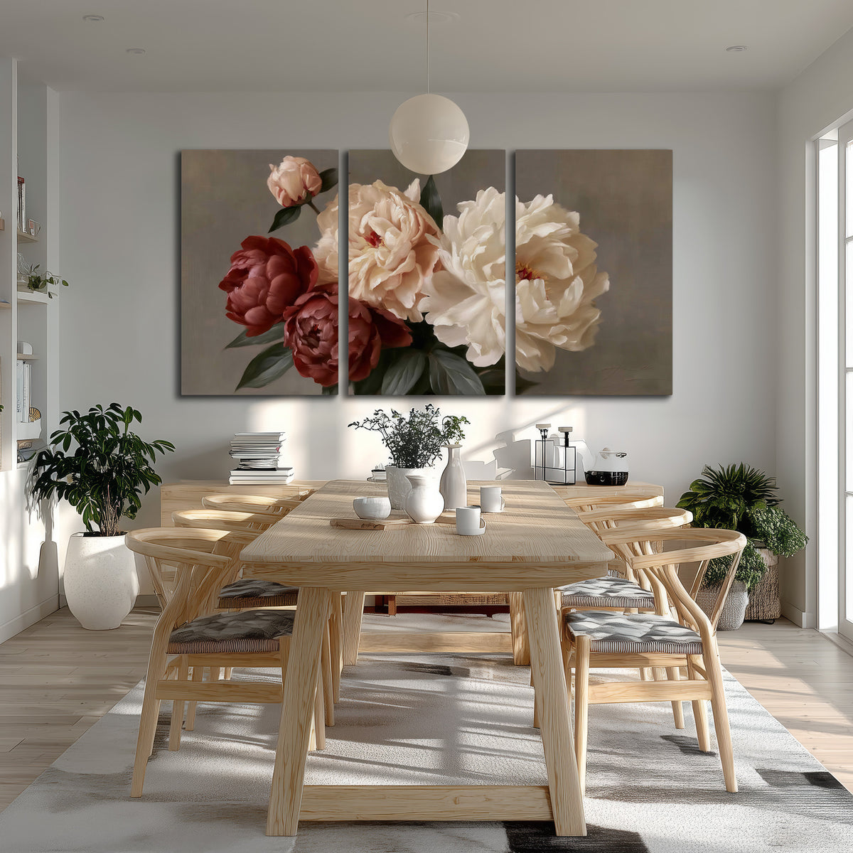 Large blush peonies and rust-colored flowers in a softly shaded arrangement 3 piece canvas wall art room and product view