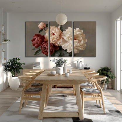 Large blush peonies and rust-colored flowers in a softly shaded arrangement 3 piece canvas wall art room and product view
