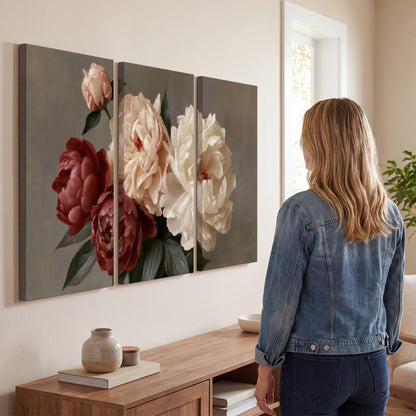 Large blush peonies and rust-colored flowers in a softly shaded arrangement 3 piece canvas wall art three panel arrangement on a wall