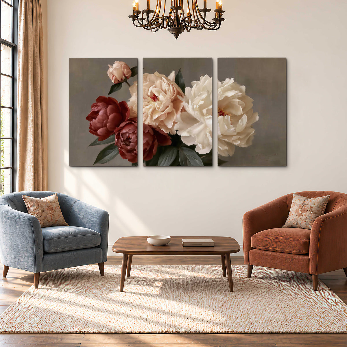 Large blush peonies and rust-colored flowers in a softly shaded arrangement 3 piece canvas wall art styled in an interior