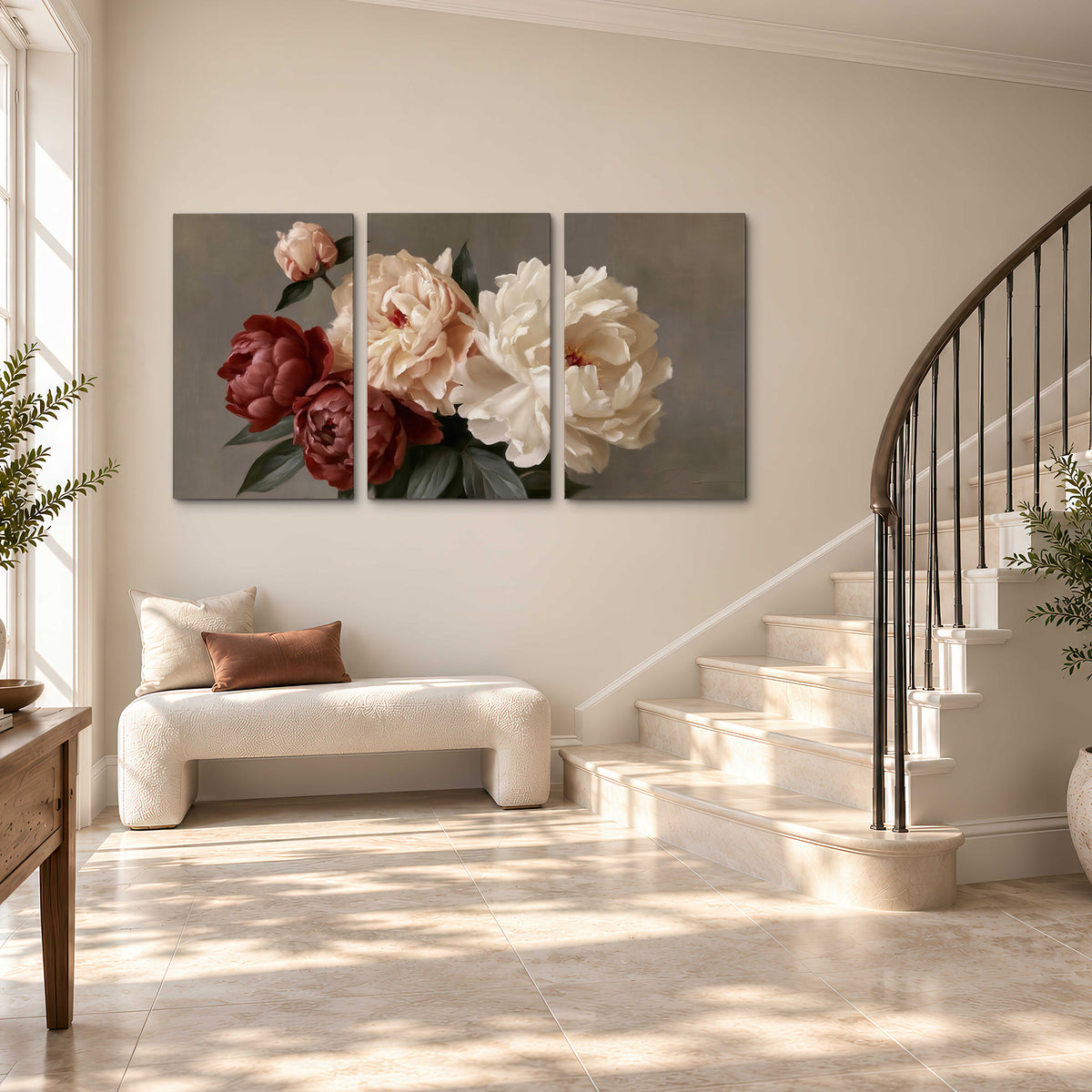 Large blush peonies and rust-colored flowers in a softly shaded arrangement 3 piece canvas wall art styled in an interior