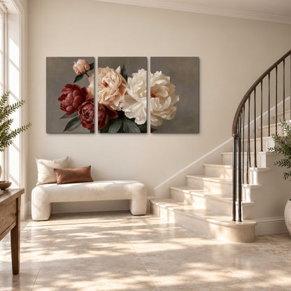 Large blush peonies and rust-colored flowers in a softly shaded arrangement 3 piece canvas wall art styled in an interior