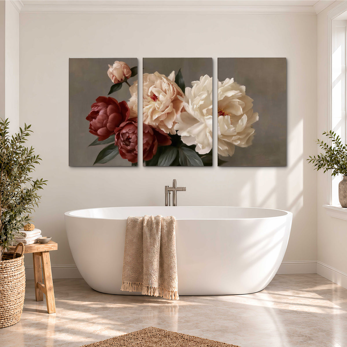 Large blush peonies and rust-colored flowers in a softly shaded arrangement 3 piece canvas wall art styled in an interior