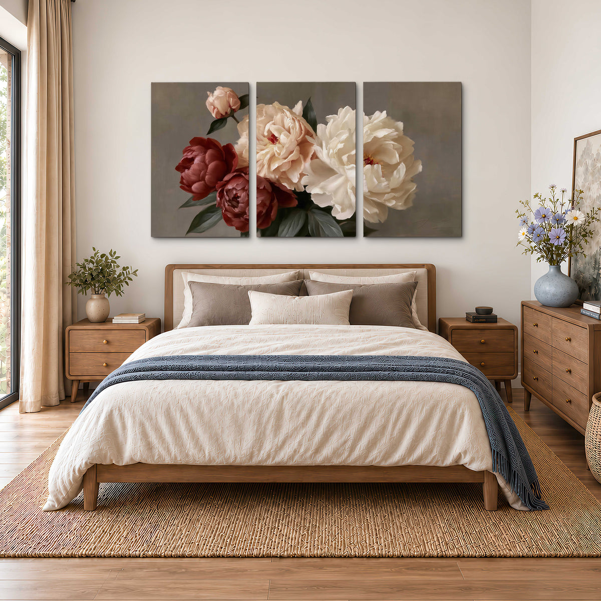 Large blush peonies and rust-colored flowers in a softly shaded arrangement 3 piece canvas wall art styled in an interior