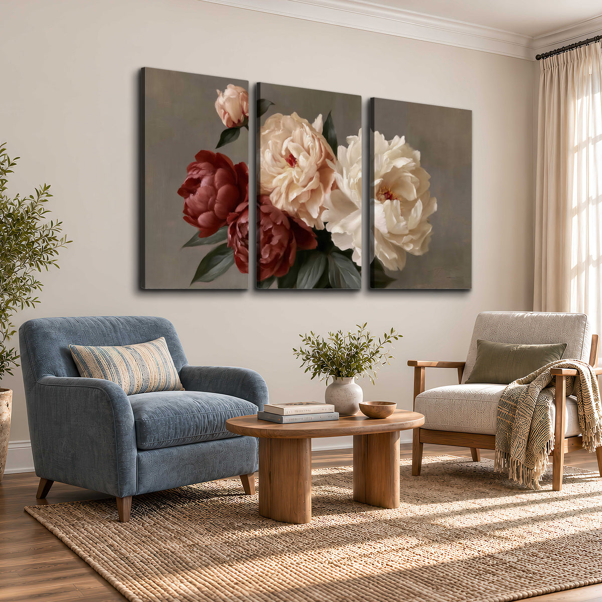 Large blush peonies and rust-colored flowers in a softly shaded arrangement 3 piece canvas wall art styled in an interior