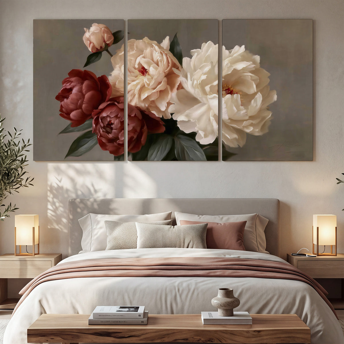 Large blush peonies and rust-colored flowers in a softly shaded arrangement 3 piece canvas wall art displayed in a bedroom