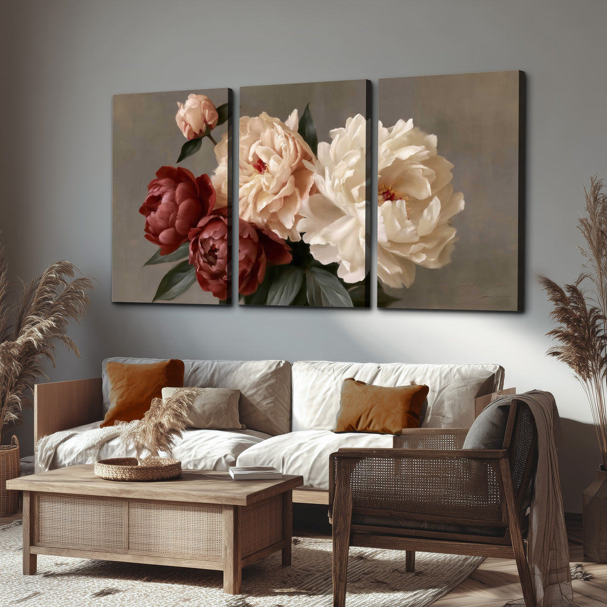 Large blush peonies and rust-colored flowers in a softly shaded arrangement 3 piece canvas wall art displayed in a rustic living room
