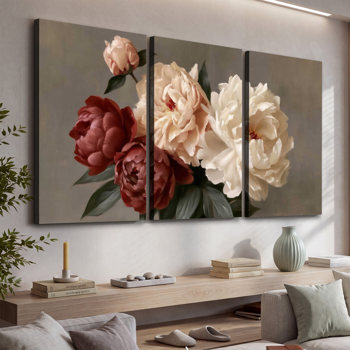 Large blush peonies and rust-colored flowers in a softly shaded arrangement 3 piece canvas wall art displayed in a console