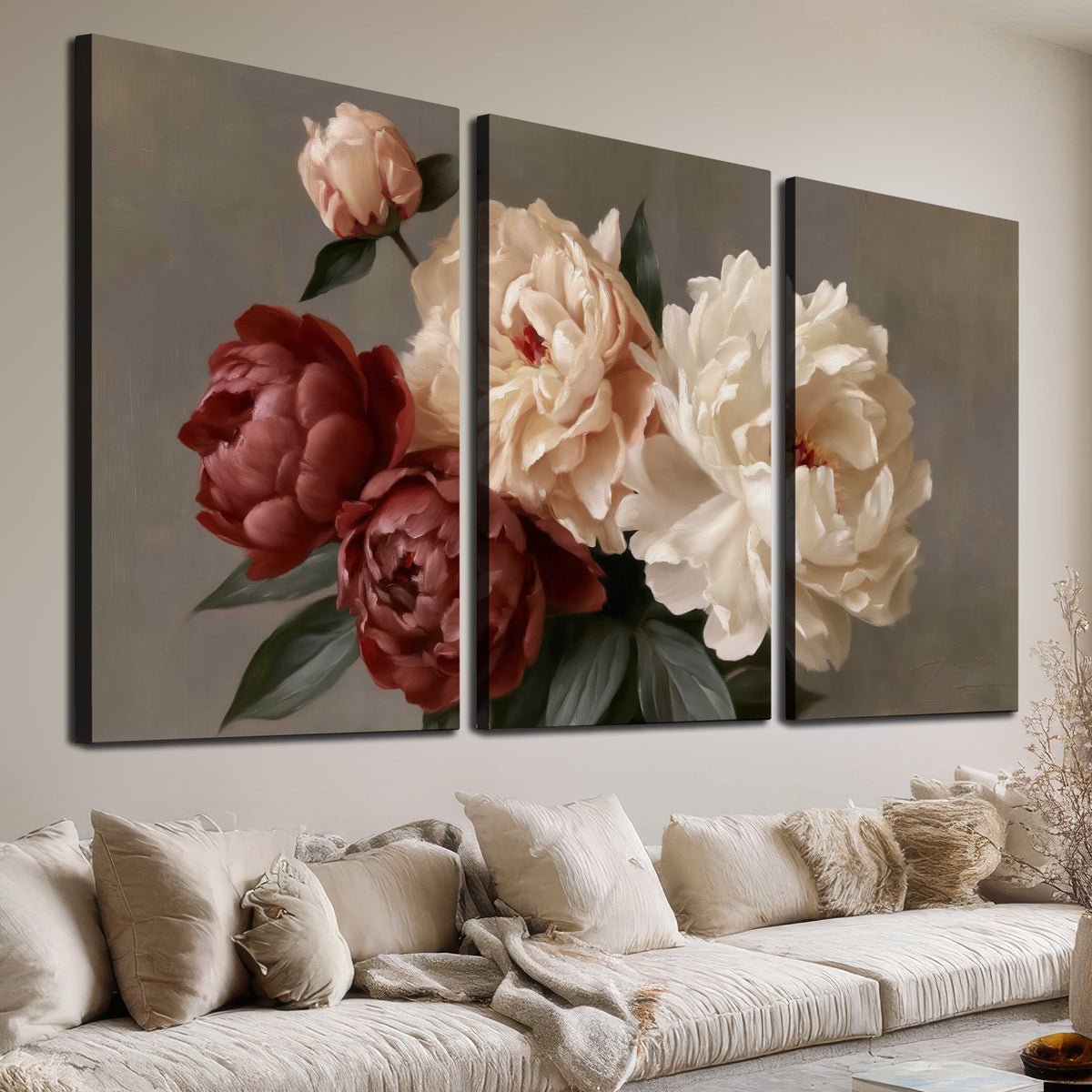 Large blush peonies and rust-colored flowers in a softly shaded arrangement 3 piece canvas wall art room and product view