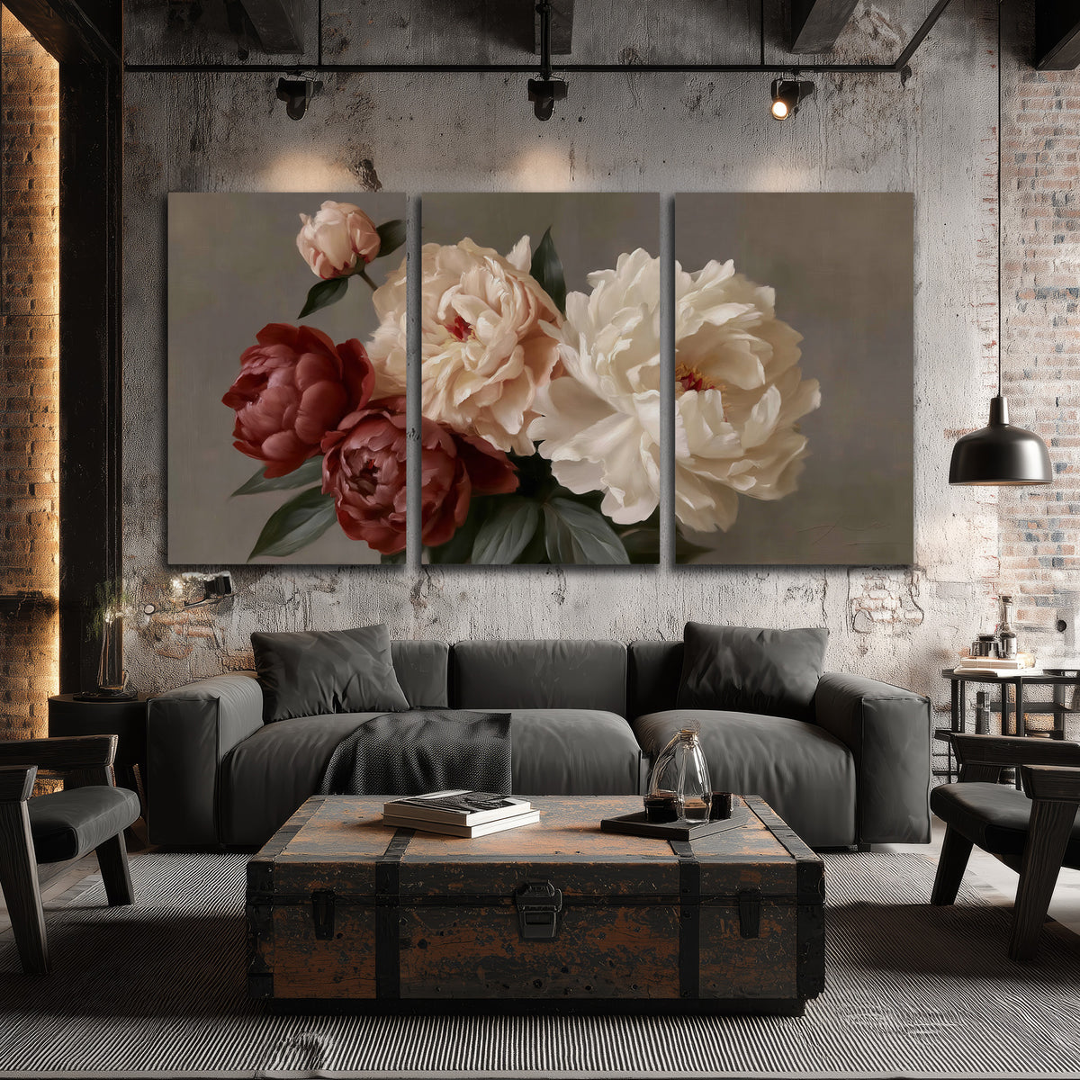 Large blush peonies and rust-colored flowers in a softly shaded arrangement 3 piece canvas wall art displayed in a industrial room
