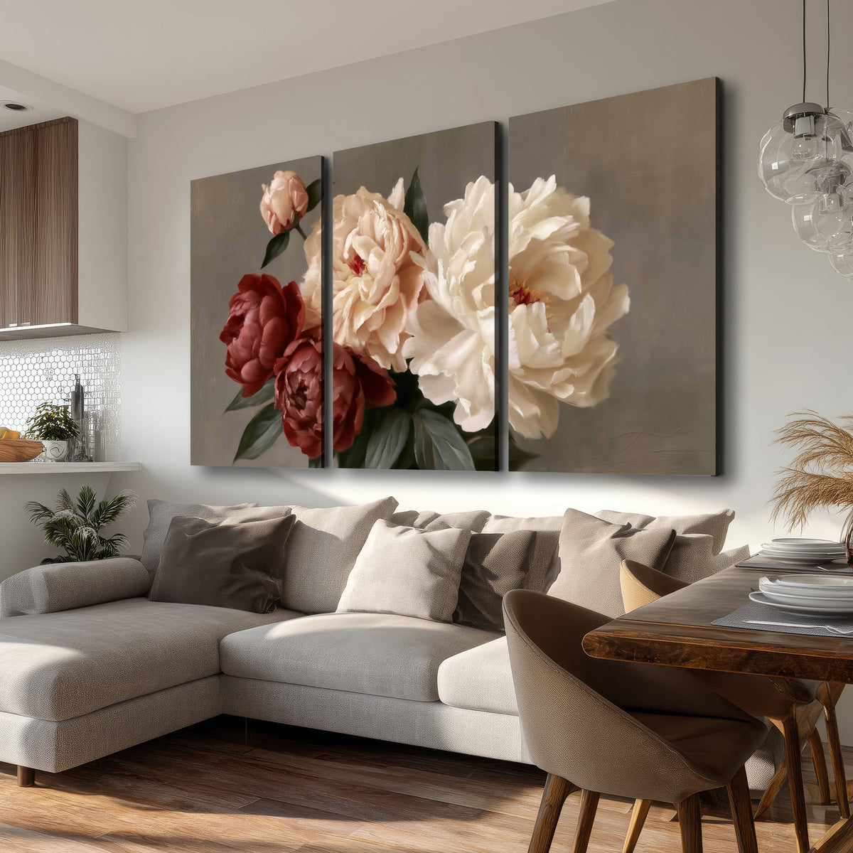Large blush peonies and rust-colored flowers in a softly shaded arrangement 3 piece canvas wall art room and product view