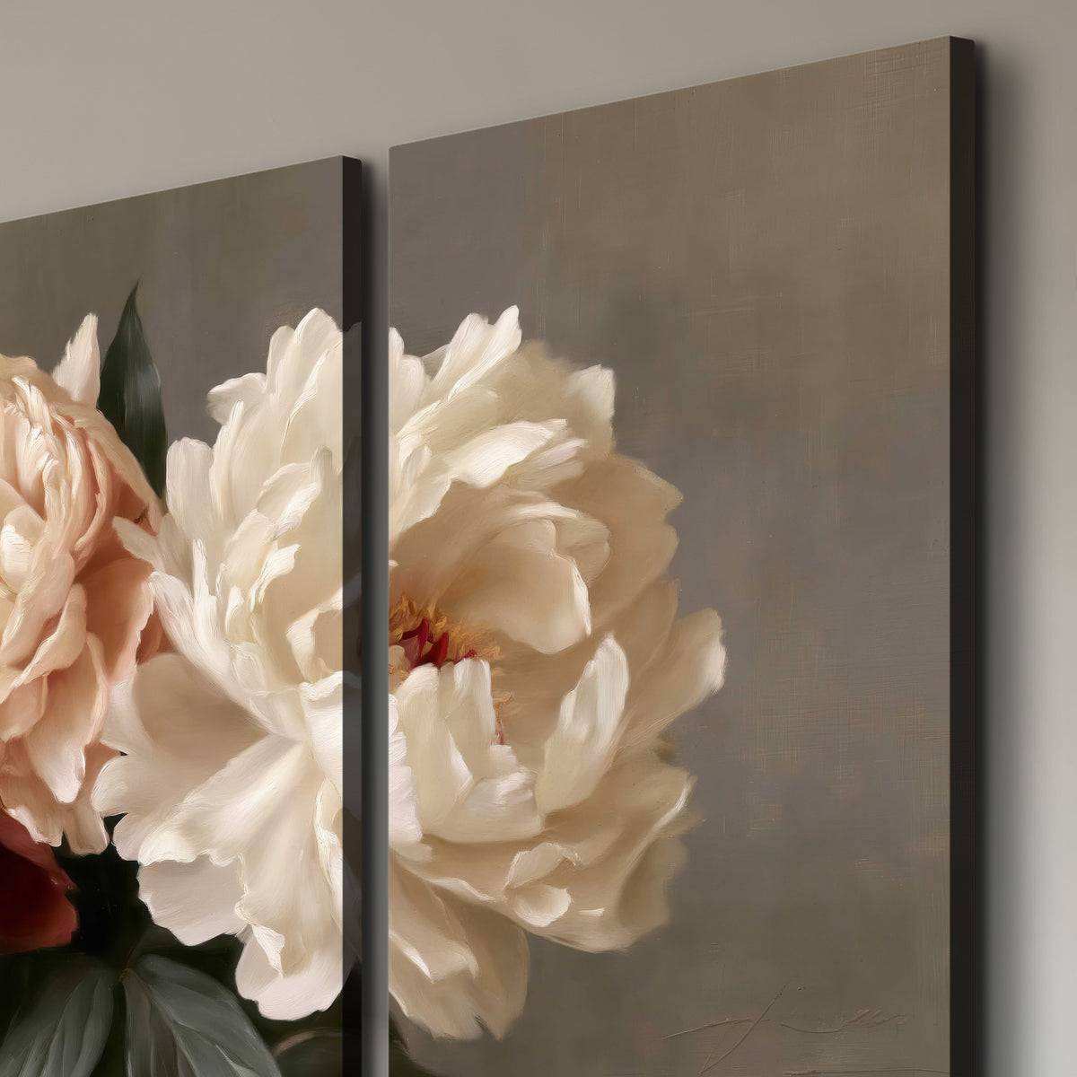 Large blush peonies and rust-colored flowers in a softly shaded arrangement 3 piece canvas wall art room and product view