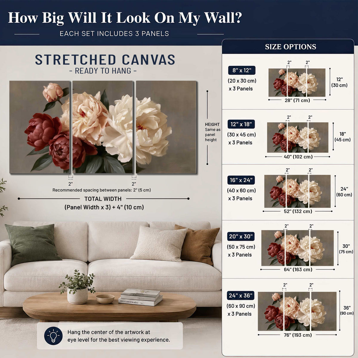 Large blush peonies and rust-colored flowers in a softly shaded arrangement 3 piece canvas wall art size guide above a sofa; room view is illustrative